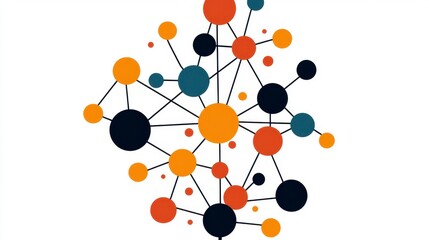 Connected Orange Blue and Brown Circles Representing Network on a White Background