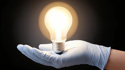 Illuminating Insights: A hand wearing a protective glove tenderly cradles a glowing light bulb, symbolizing innovation, ideas and the power of illumination. - Powered by Adobe