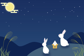 中秋の名月を背景に、月見団子を前に並んだ2匹のうさぎとススキが描かれた秋の情景イラスト。満月と星空が広がる和風ベクター素材｜十五夜 月見 団子 うさぎ ススキ 秋の夜