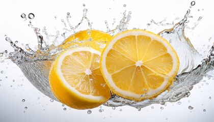 high resolution image of sliced lemons with splashing water fresh citrus fruit healthy food lemonade ingredient isolated on white background