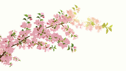 Aesthetic cherry blossom branch with pink flowers and green leaves against a soft white background art