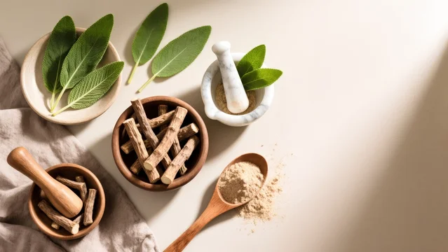 Organic Ashwagandha with Powder and Green Leaves on Neutral Background