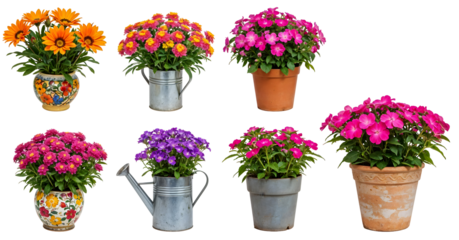 Set of various Houseplants: Gazania, Lantana, Heliotrope, Impatiens isolated on transparent background