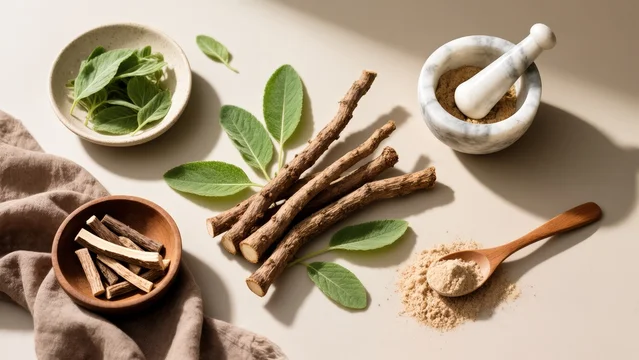 Ashwagandha Root and Leaves in Minimal Natural Layout