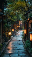 Evening Stroll: Stone Path, Lanterns, & Trees