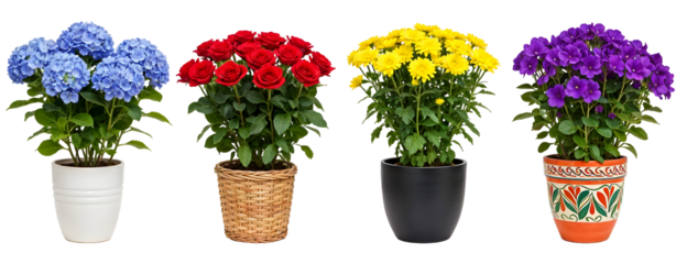 Set of various Houseplants: Hydrangea, Rose, Chrysanthemum, Violet isolated on transparent background