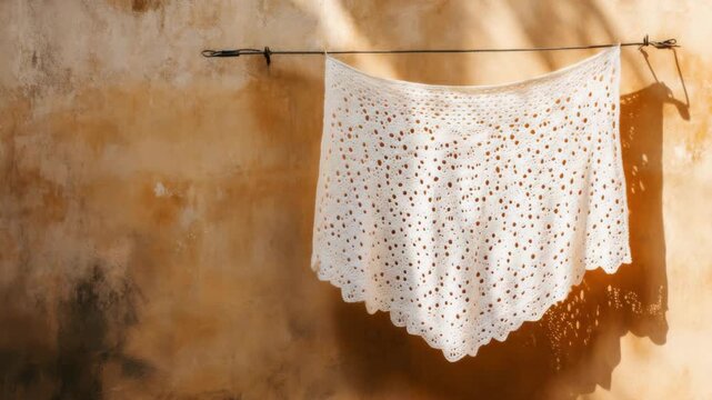 Decorative wall hanging with lace and crochet patterns.