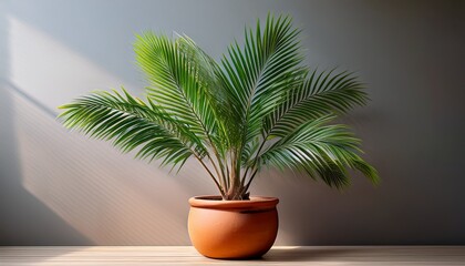 Fototapeta premium lush green palm tree in a terracotta pot a tropical plant indoors