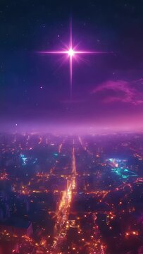 aerial view of a futuristic purple city with a bright bethlehem star at night