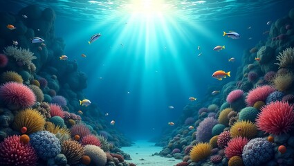 Naklejka premium Vibrant coral reef with colorful fish illuminated by sunlight 