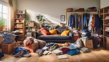 cluttered living room filled with disorganized clothes books and miscellaneous items a chaotic scene of overflowing surfaces and floor space
