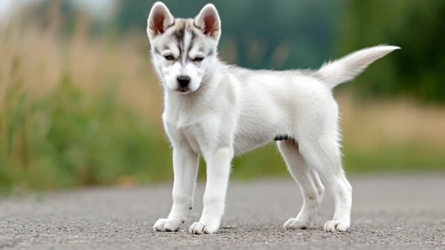 Majestic Husky Puppy Standing: A young husky puppy showcases its captivating features, standing confidently with alert eyes and a fluffy tail.