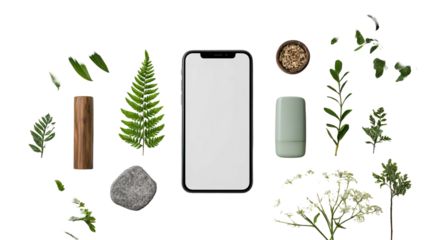 Digital Detox Concept with Unplugged Smartphone and Natural Elements on Transparent Background