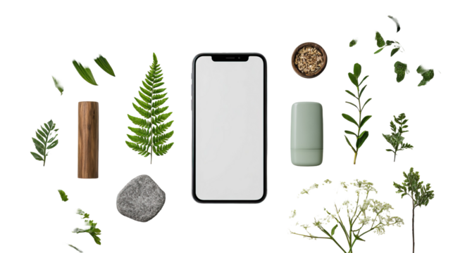 Digital Detox Concept with Unplugged Smartphone and Natural Elements on Transparent Background