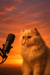 Music Festival, cat Lover singing and sitting on a roof at sunset with a beautiful golden sky