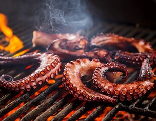 perfectly grilled octopus tentacles on a charcoal grill with glowing embers and a golden brown finish surrounded by light smoke and grill marks