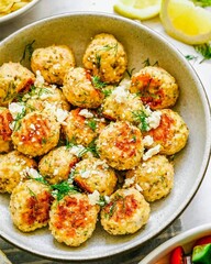 Delicious Chicken Meatballs with Feta and Dill in a Bowl