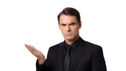 Man in black suit gesturing with open palm against a dark background