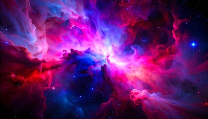 Vibrant cosmic nebula with glowing gas clouds and distant stars. Abstract interstellar space concept.