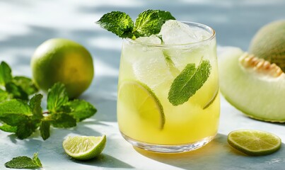 Sparkling Melon Lime Mojito (Mocktail) with Fresh Mint and Ice