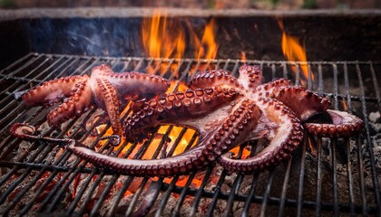 octopus cooking over hot coals with visible grill marks and glowing embers creating a rustic and authentic street food vibe
