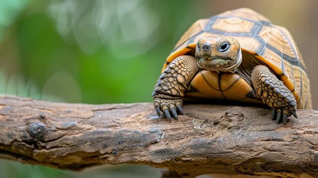 Tortoise's Perch: A solitary tortoise rests serenely on a weathered branch, showcasing the beauty and resilience of this ancient reptile. Captured in vivid detail.