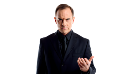 Intense man in suit holds phone with determined expression against black background