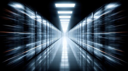 A server room interior, showcasing technology and data flow.