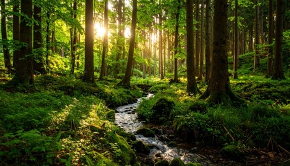 Obraz premium Sunlit forest stream, lush green vegetation, and tall trees