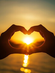 Hands forming heart shape around sunset over water