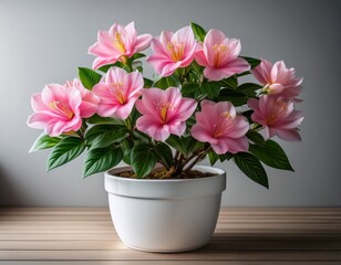 Obraz premium pink flowers in a white pot beautiful blossoms lush green leaves