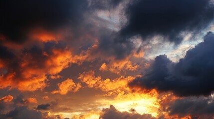 Blue and Orange Cloudy Sky Background with Golden Sunset Light – Hues of Azure and Amber Blending in Clouds, Bathed in Warm Golden Rays of the Setting Sun
