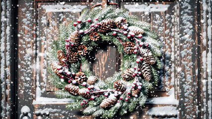 Festive Christmas Wreath with Pinecones and Red Berries on Rustic Wooden Door in Snowy Winter Ambiance - Powered by Adobe