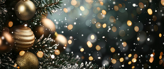 Festive Christmas tree adorned with golden ornaments and twinkling lights, surrounded by a soft snowfall, creating a warm holiday atmosphere filled with joy and celebration