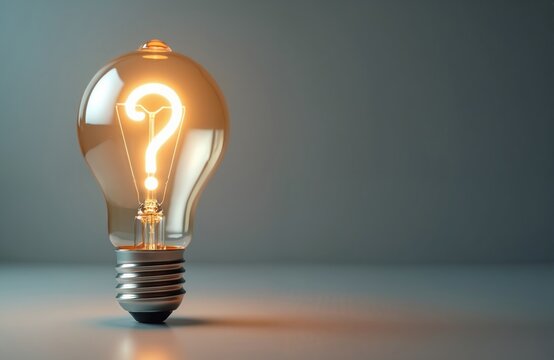 Illuminated light bulb contains glowing question mark, inquiry, curiosity, search for answers solutions. Concept represents innovation, brainstorming, process of discovery, ideal for topics related