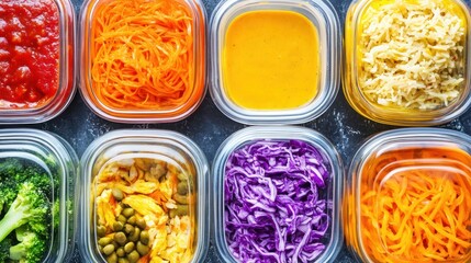Colorful meal prep containers filled with fresh, healthy food for efficient week
