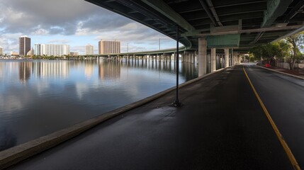 Reflections of city buildings on the water captured from underneath a bridge structure