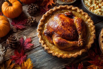 Thanksgiving feast with roasted turkey, pie, and autumn decorations  