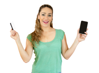 Young excited woman holding a credit card and a smartphone over transparent background. PNG.