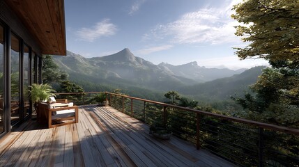 A contemporary, roomy wooden deck with a stunning mountain view and great location. Generative AI.