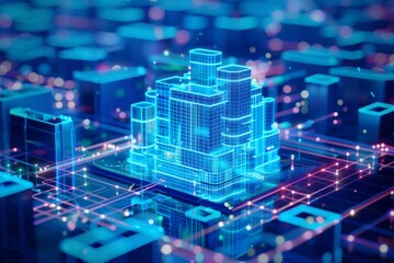 Futuristic digital cityscape with glowing blue skyscrapers and interconnected circuits, representing advanced technology and urban development in a virtual environment