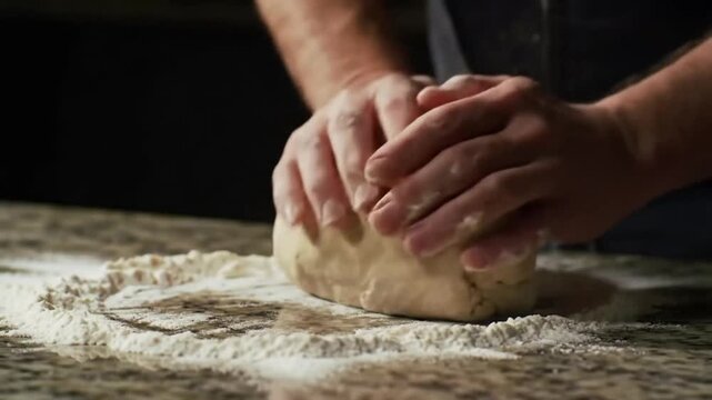 Hands expertly knead dough on a flour-dusted surface, capturing the art of baking in motion.