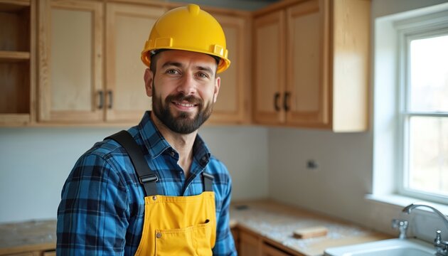 Smiling carpenter in yellow bib overalls, hard hat works on kitchen renovation. Skilled tradesman installs wood cabinets, focused on home improvement project with tools visible. Pro craftsmanship in