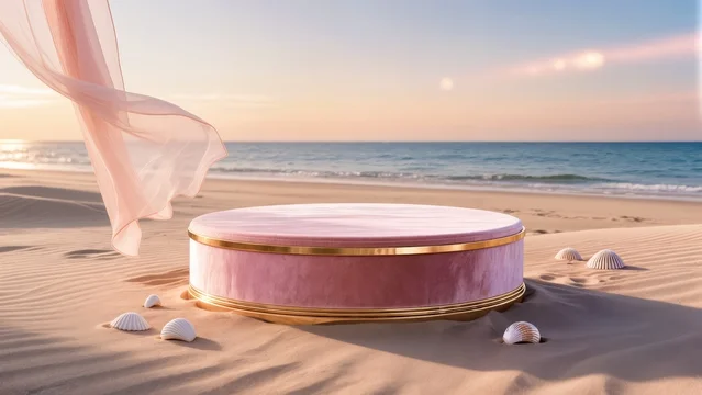 Blush Pink Velvet Podium with Ocean Sunset Background