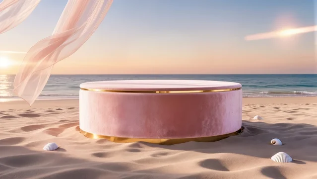 Velvet Pedestal with Gold Trim on Beach at Golden Hour