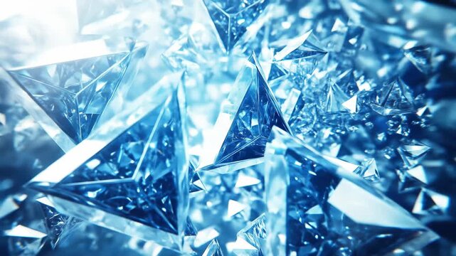 Close-up view of many faceted, triangular, blue crystals