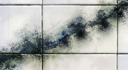 black mold on bathroom tiles. Abstract textured tiles with black and blue splatter patterns  