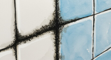 Closeup of blue and white tiled wall with grout lines. black mold on bathroom tiles  