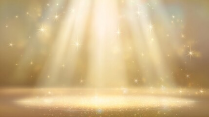 Elegant cream stage background with golden light beams, sparkling star effects, soft glow, and shimmering glitter design, perfect for luxury celebration, award ceremony, and festive event concepts
