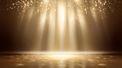 Elegant cream stage background with golden light beams, sparkling star effects, soft glow, and shimmering glitter design, perfect for luxury celebration, award ceremony, and festive event concepts